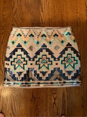 Y2K xs Express Sequin Aztec Mini Skirt in Ivory, Navy, Teal